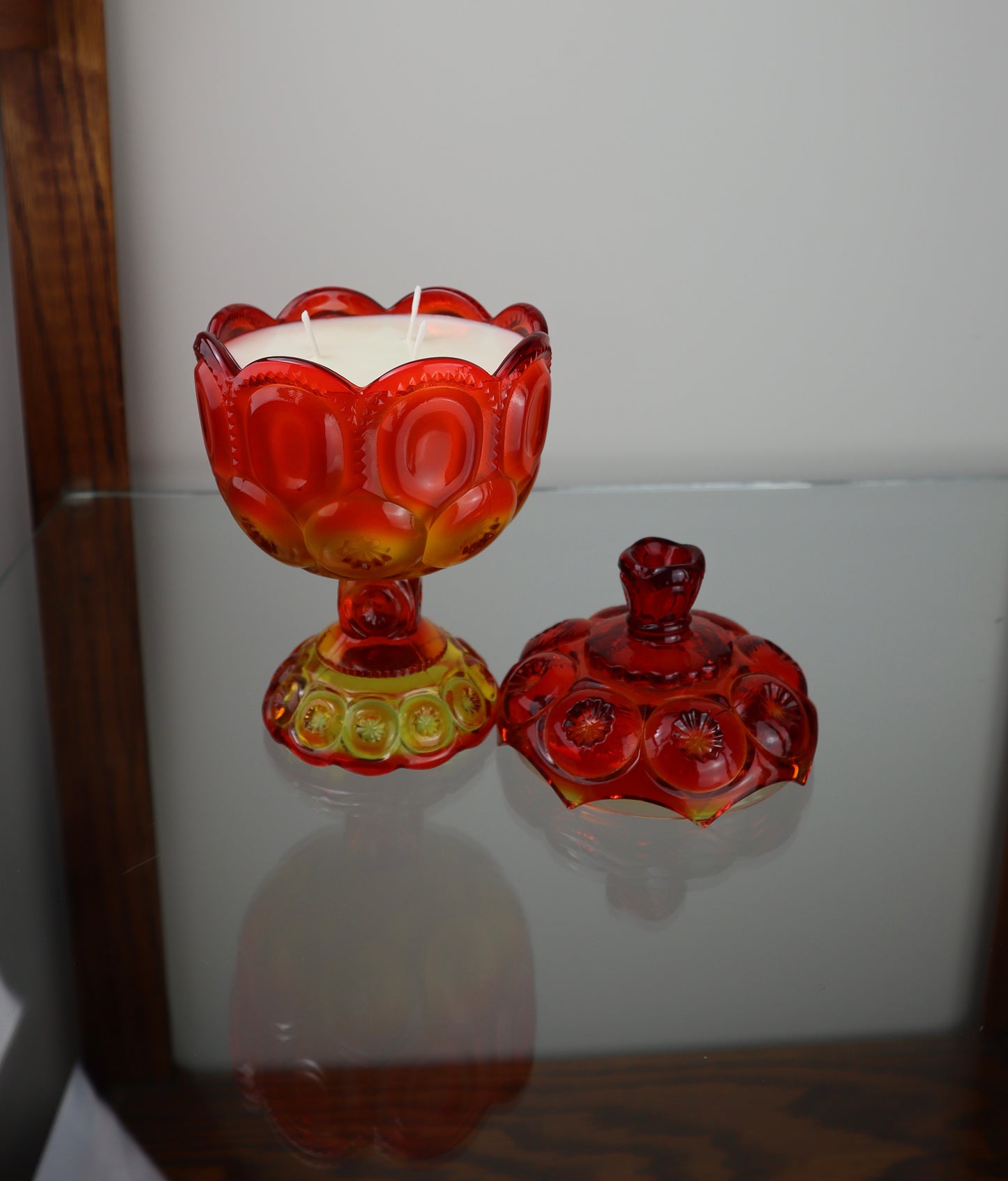 Moon & Stars Amberina Glass Pedestal Candle