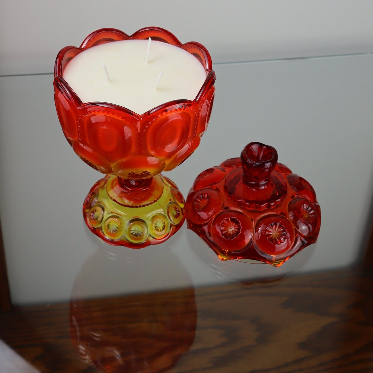 Moon & Stars Amberina Glass Pedestal Candle
