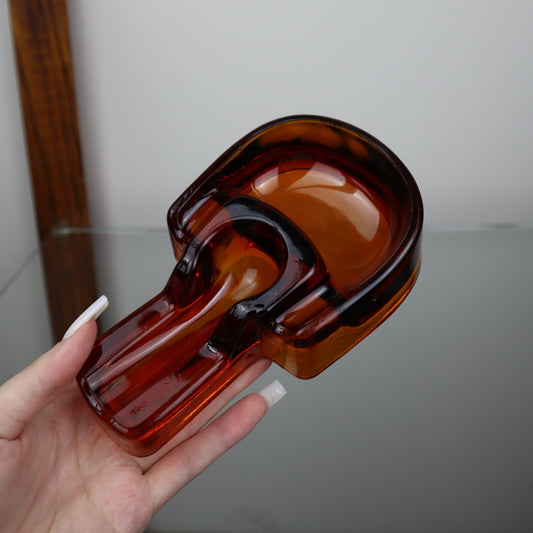 Vintage Amber Glass Ashtray w/ Pipe Holder
