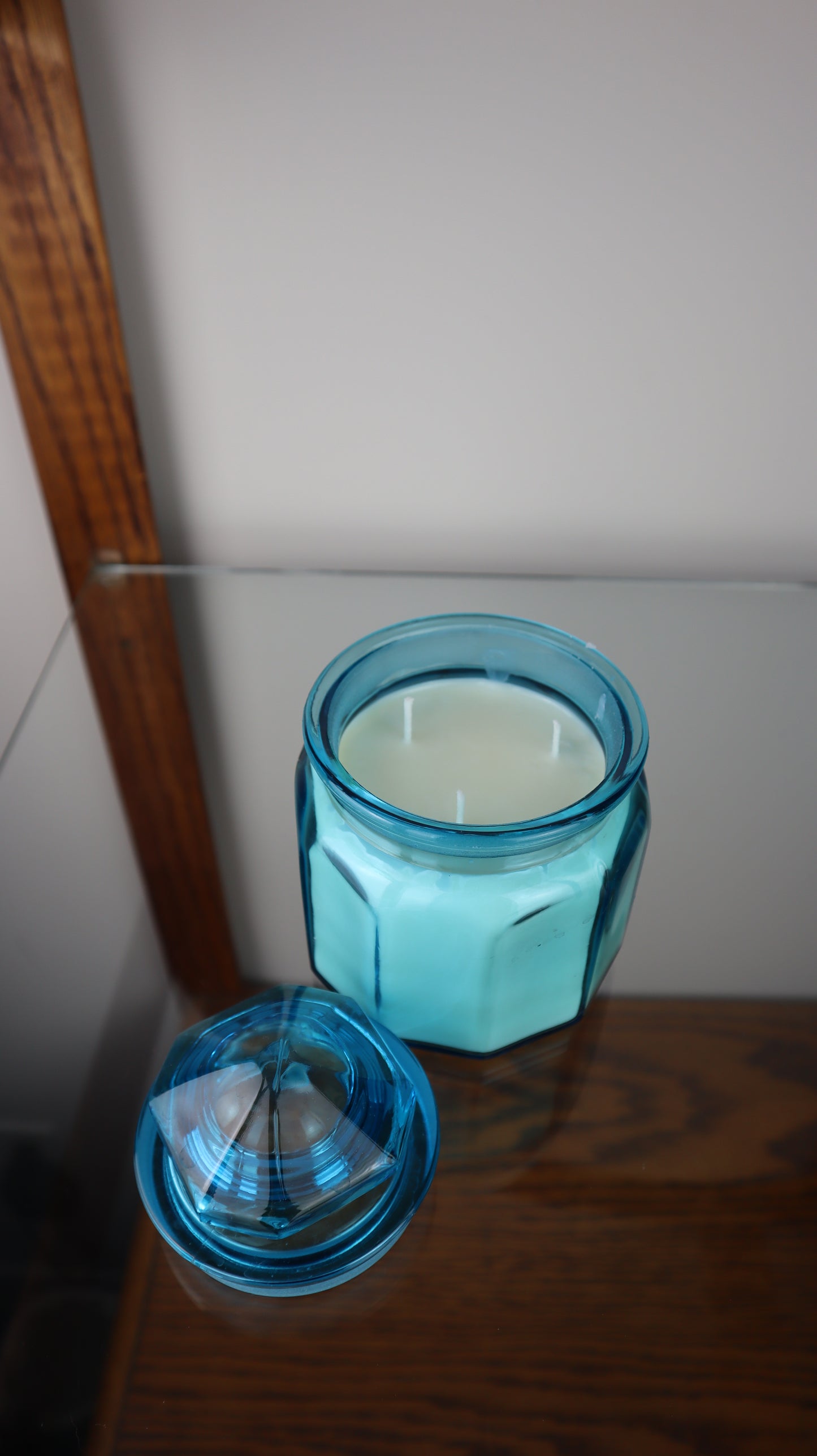 L.E Smith Blue Glass 3 Wick Candle