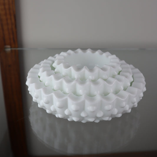 Fenton Set Of Three Nestink Milk Glass Hobnail Ashtray Set