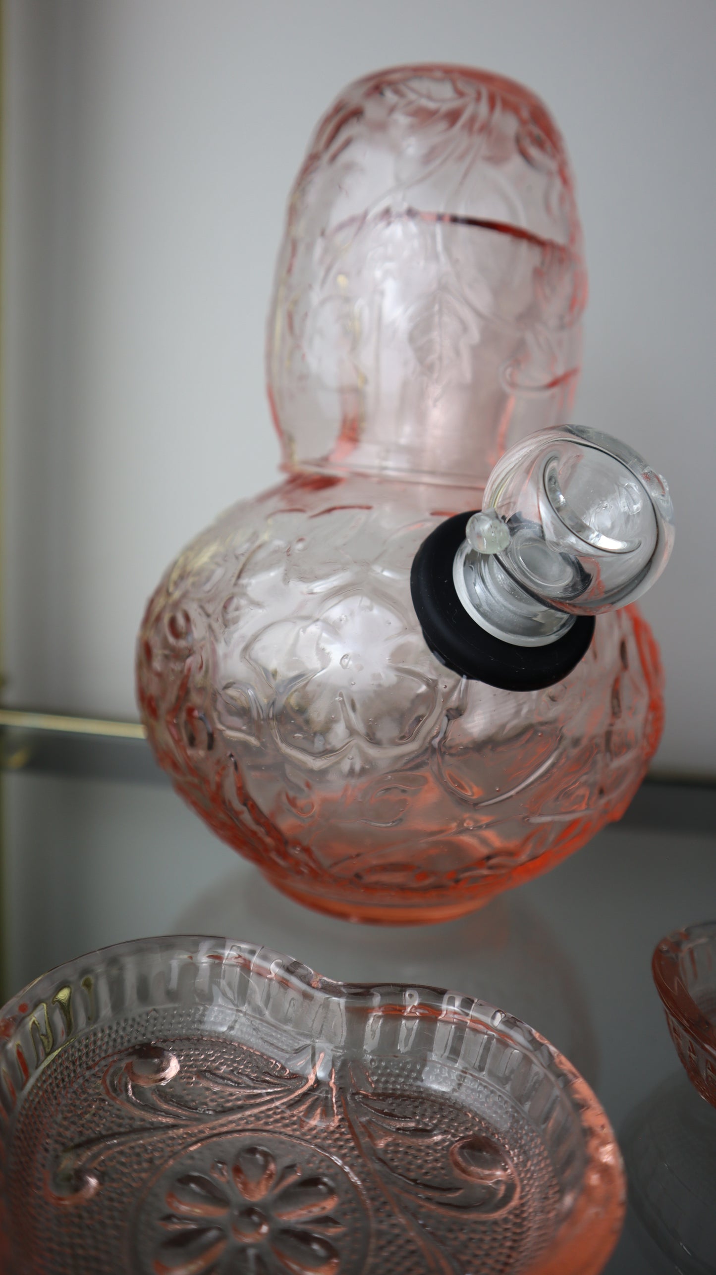 Pink Glass Floral Tumble-Up Carafe Set