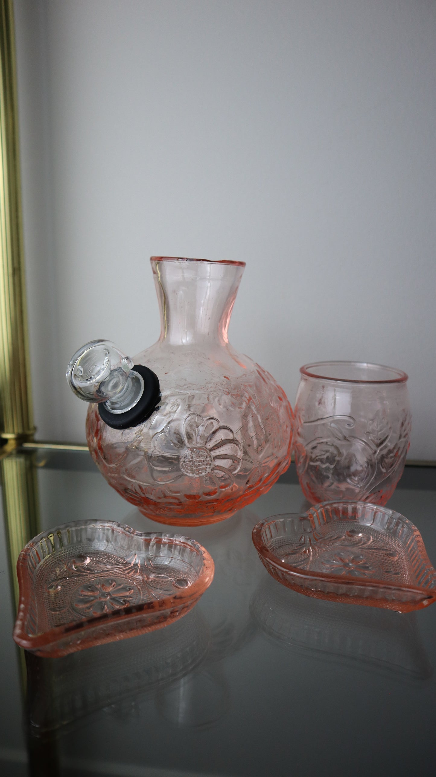 Pink Glass Floral Tumble-Up Carafe Set